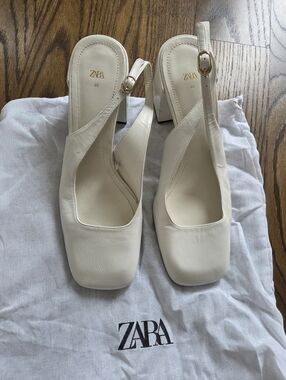 ZARA Cream Slingback Block Heel Pumps